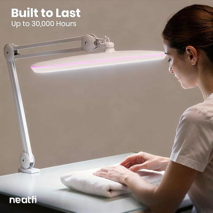 Neatfi XL 2,200 Lumens 24W LED Desk Lamp – 23” Wide Shade | Dimmable Eye-Caring Task Light | Adjustable Arm | Home Office, Study, Crafts & Nail Tech (White with Pink Ring, Non-CCT with Clamp)