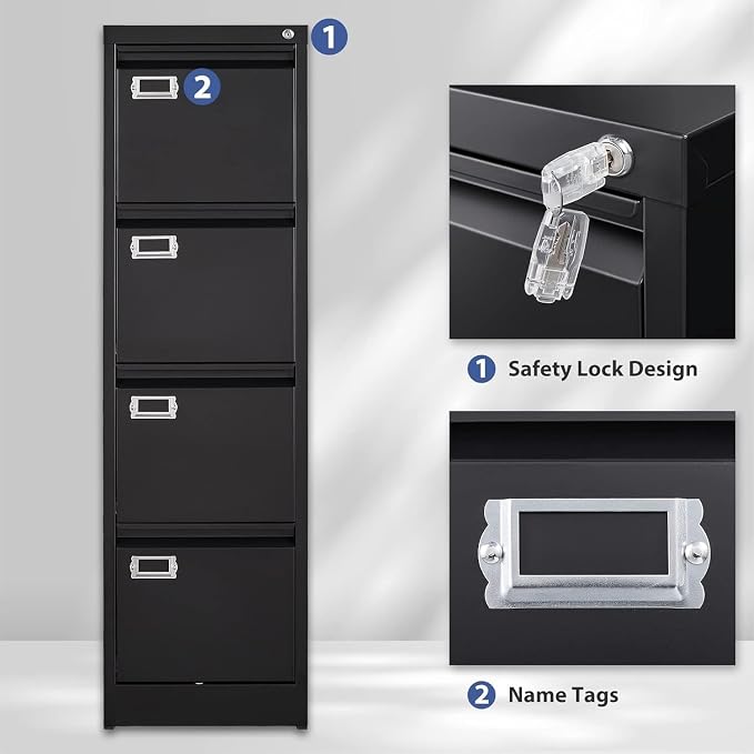 4 Drawer File Cabinet,Black Metal Filing Cabinets with Lock,Metal Vertical Filing Cabinets for Home Office,Steel Storage Cabinet fits Letter/Legal/A4 Size(Assembly Required)