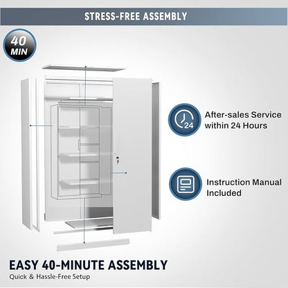 Metal Garage Storage Cabinet with Lock, 72" Tall Steel Storage Locker with 4 Adjustable Shelves, Heavy Duty Metal Cabinet for Garage, Office, Home, White