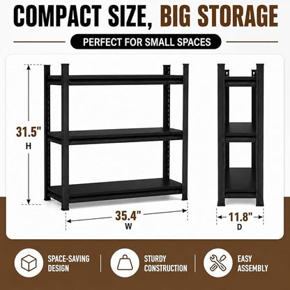 3 Tier Metal Bookshelf, Adjustable Tall Bookcase, Heavy Duty 1800 LBS Modern Deep Book Shelf, Bolt-Free Storage Shelves for Living Room, Home Office, Garage, 35.4" Wx 11.8" Dx 31.5" H