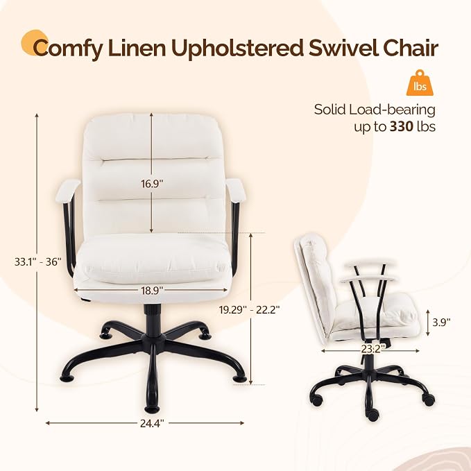 VINGLI Padded White Desk Chair with/No Wheels,Dual-Base,Removable Armrests,Adjustable Comfy Rolling Swivel Computer Task Nail Tech Chair for Home Office,Sewing,Makeup Vanity,Teen,Linen Fabric