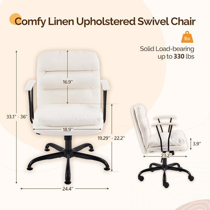 VINGLI Padded White Desk Chair with/No Wheels,Dual-Base,Removable Armrests,Adjustable Comfy Rolling Swivel Computer Task Nail Tech Chair for Home Office,Sewing,Makeup Vanity,Teen,Linen Fabric