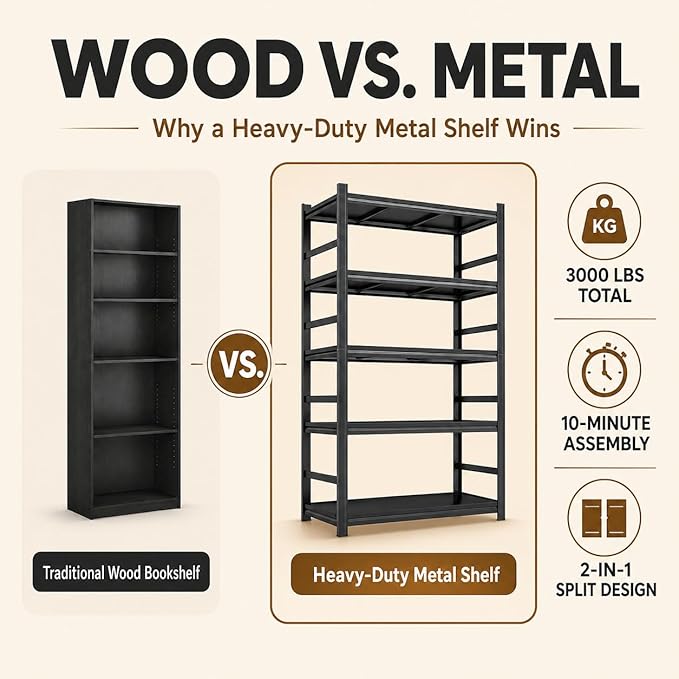 5 Tier Metal Bookshelf with Anti-Drop Fence, 72" H Adjustable Tall Bookcase, Heavy Duty 3000 LBS Modern Deep Book Shelf, Bolt-Free Storage Shelves for Living Room, Home Office, Garage