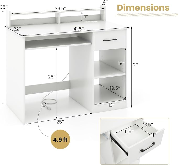 GOFLAME White Computer Desk with Charging Station, Type C Port, Modern Writing Desk with Drawer, Removable & Adjustable Shelf, Keyboard Tray, Home Office Laptop Desk with Hutch, for Bedroom, Study