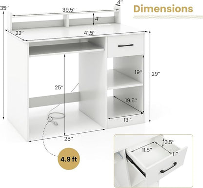 GOFLAME White Computer Desk with Charging Station, Type C Port, Modern Writing Desk with Drawer, Removable & Adjustable Shelf, Keyboard Tray, Home Office Laptop Desk with Hutch, for Bedroom, Study