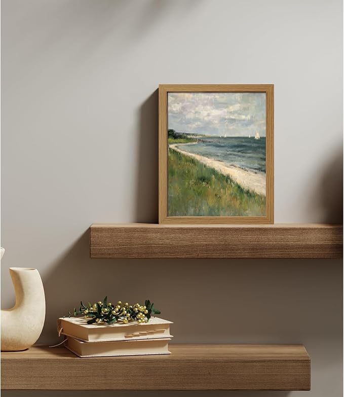 CXQILVER Framed Vintage Coastal Wall Art, Rustic Beach Seascape Sailboats Canvas Wall Decor Ocean Landscape Painting Picture for Coastal Cottage Living Room Bedroom Bathroom Decor 8x10 Inch
