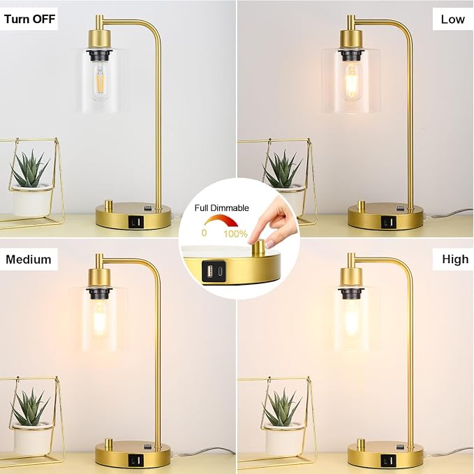 Gold Industrial Table Lamp with USB A+C Ports & Outlet, Fully Stepless Dimmable Modern Nightstand Lamp, Glass Shade Bedside Desk Lamp for Bedroom Living Room Office, 8W 2700K LED Edison Bulb Included