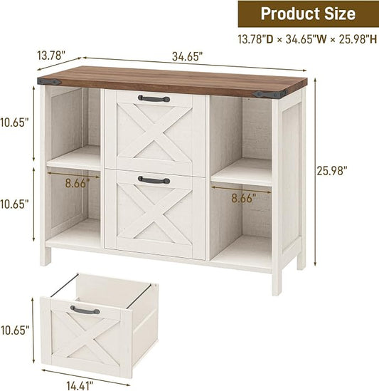 Halitaa 2 Drawer File Cabinet, Farmhouse Lateral Filing Cabinet Fits File Letter or A4 Size, Wooden Printer Stand with Open Storage Adjustable Shelf for Home Office, Rustic White