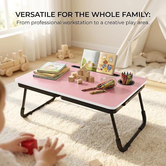 BUYIFY Foldable Laptop Bed Desk for Couch, Sofa - Large Lap Desk Tray Table with Cup Holder and Tablet Slot - Portable Notebook Stand for Eating, Writing, Studying and WFH (Pink)-USA Original Patent