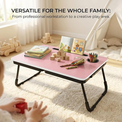 BUYIFY Foldable Laptop Bed Desk for Couch, Sofa - Large Lap Desk Tray Table with Cup Holder and Tablet Slot - Portable Notebook Stand for Eating, Writing, Studying and WFH (Pink)-USA Original Patent
