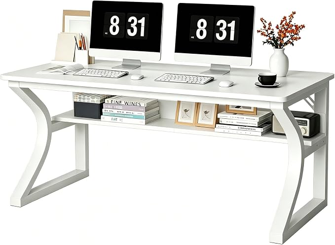 55 X 23.6'' Computer Desk, Home Office Desks w/Shelf Storage, Computer Desk w/Metal Frame, Cable Management, Study Student Desk Writing Work Table Deeper & Thicker Desktop for Home Bedroom
