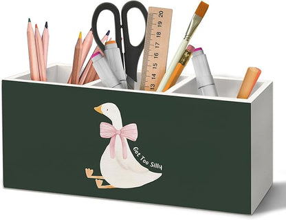 Dark Green Goose Pen Holder Organizer for Desk Accessories, Goose Gifts Wooden Box Sign Desk Decorations for Kids Girl Nursery Room Bedroom Playroom Decor