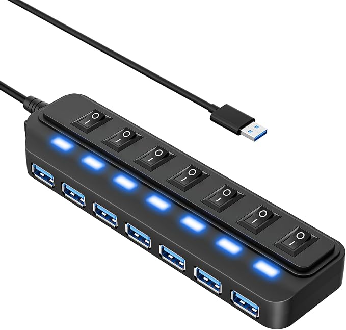 WIRWTRU USB Hub 7 Port,USB 3.0 Hub Splitter for Office,Home,School | Individual On/Off LED Switches, USB Hub for PC, 5Gbps HighSpeed Data for Laptop, Mac, PC, Desktop, PS5, Xbox