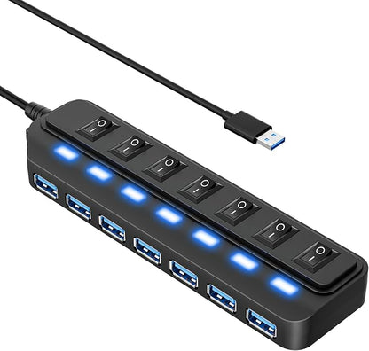 WIRWTRU USB Hub 7 Port,USB 3.0 Hub Splitter for Office,Home,School | Individual On/Off LED Switches, USB Hub for PC, 5Gbps HighSpeed Data for Laptop, Mac, PC, Desktop, PS5, Xbox