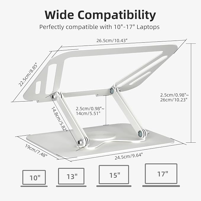 suptek Laptop Stand for Desk, Adjustable Computer Notebook Stand with 360° Rotating Base, Ergonomic Laptop Riser for Collaborative Work, Foldable & Portable Laptop Stand,fits for 11-17" Laptops,White