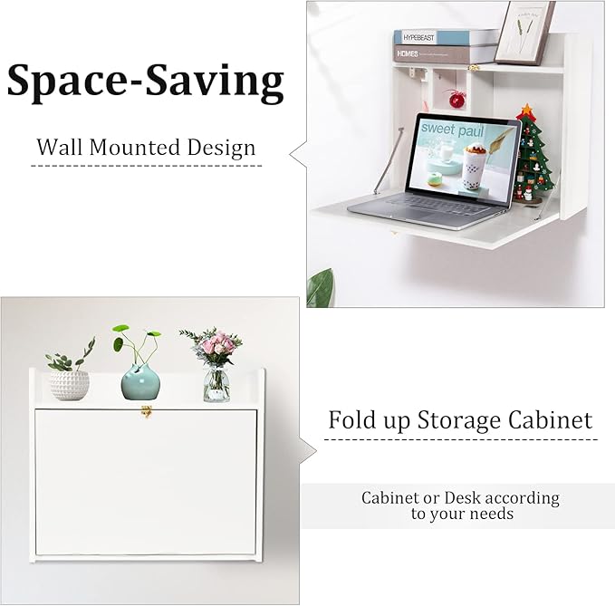 YUSING Wall Mounted Table, Multifunctional Fold Down Wall Mounted Laptop Computer Desk with Storage Compartments for Home, Office, White