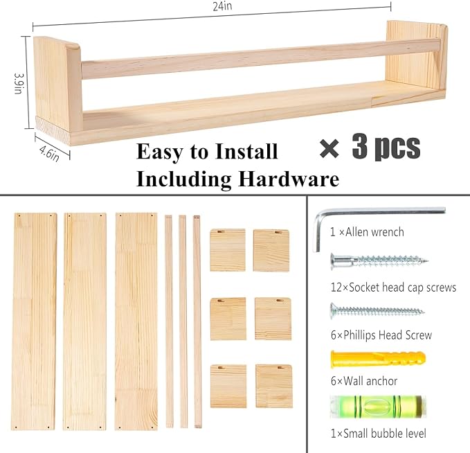 AZSKY 24 Inch Natural Pine Wood Floating Shelves, Nursery Book Shelves for Kids, Wall Mounted Bookshelves for Playroom Decor Set of 3, Bookshelf with Anti-tip Bar for Bedroom Living Room(Paintable)