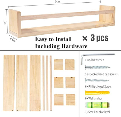 AZSKY 24 Inch Natural Pine Wood Floating Shelves, Nursery Book Shelves for Kids, Wall Mounted Bookshelves for Playroom Decor Set of 3, Bookshelf with Anti-tip Bar for Bedroom Living Room(Paintable)