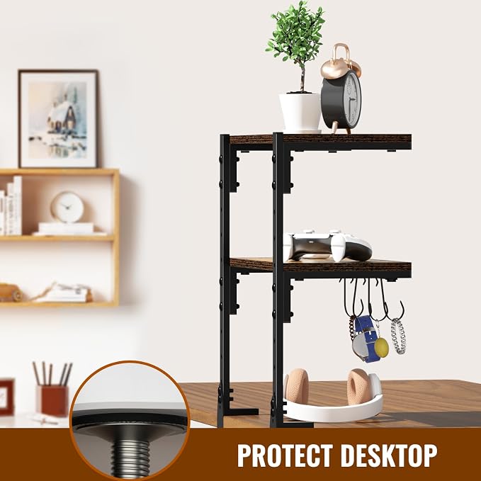 Clamp-on Desk Shelf, 13 inch Above or Below Desk 2-Tier Shelving, Adjustable Metal Storage Tray for Gaming Devices or Office Desk Accessories and More, Brown, Patent Pending