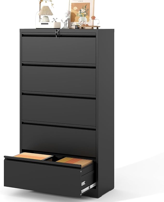 5 Drawer Lateral File Cabinet with Lock, Black Metal Lateral Filing Cabinet for Home Office, Steel Wide Filing Cabinets for Letter/Legal/A4/F4 Hanging File Folders (Black)