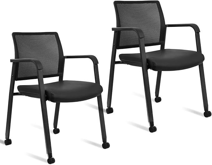 CLATINA Mesh Back Guest Reception Stacking Chair with Wheels, Waiting Room Stackable Chairs with Upholstered Leather Seat & Ergonomic Lumbar Support for Office Conference School Lobby, Black, 2 Pack