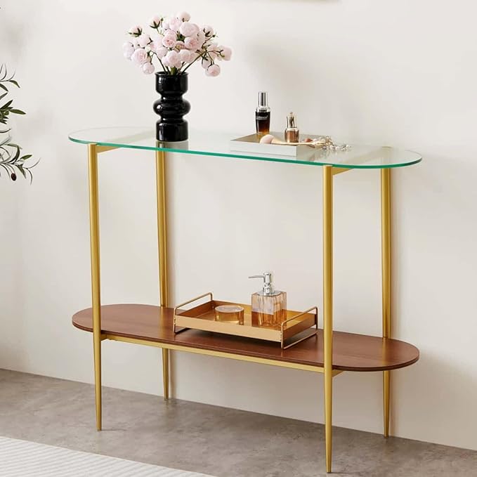 LumFurn Oval Glass Console Table for Living Room, Foyer & Entrance, 2-Tiers Mid-Century Modern Sofa Table with Clear Glass Top, Walnut Finish Wood Shelf and Gold Finish Frame