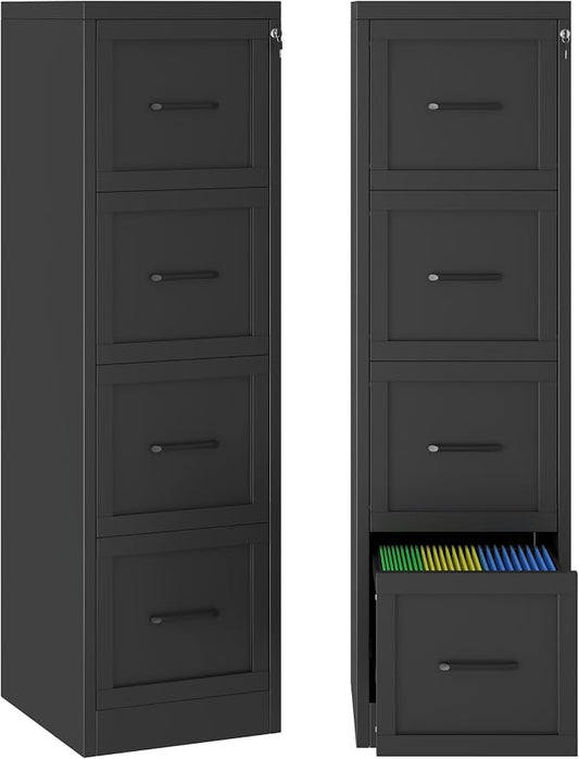 Small Metal 4-Drawer File Cabinet, Under-Desk Filing Cabinet, Black | Locking, Adjustable Hanging Rail, Fit A4, FC, Letter, Hanging File Folders for Home Office Storage Organization, 2PS