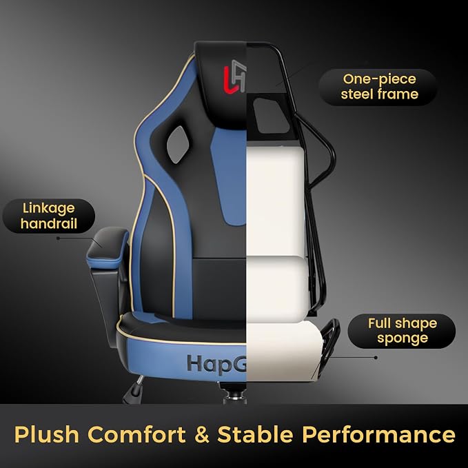HapGIFT Gaming Chair for Adults, PU Leather Computer Gaming Chair with Link Armrest, Racing Style Gamer Chair, Height Adujustable Ergonomic Swivel PC Office Chair for Home, 300lbs (BLACK BLUE)