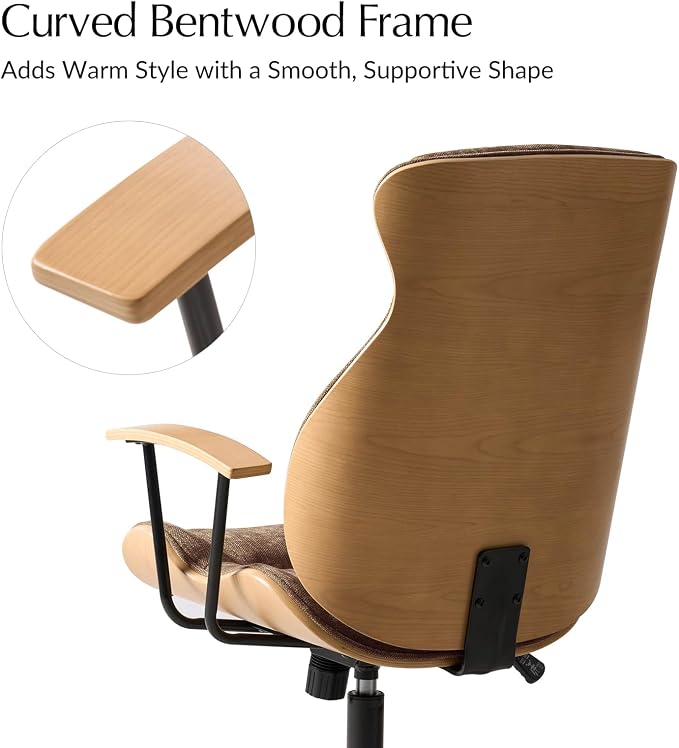 HULALA HOME Solid Wood Office Chair with Tilt Function, Mid Century Modern Bentwood Desk Chair with High Backrest, Height Adjustable Swivel Fabric Computer Task Chair, Camel