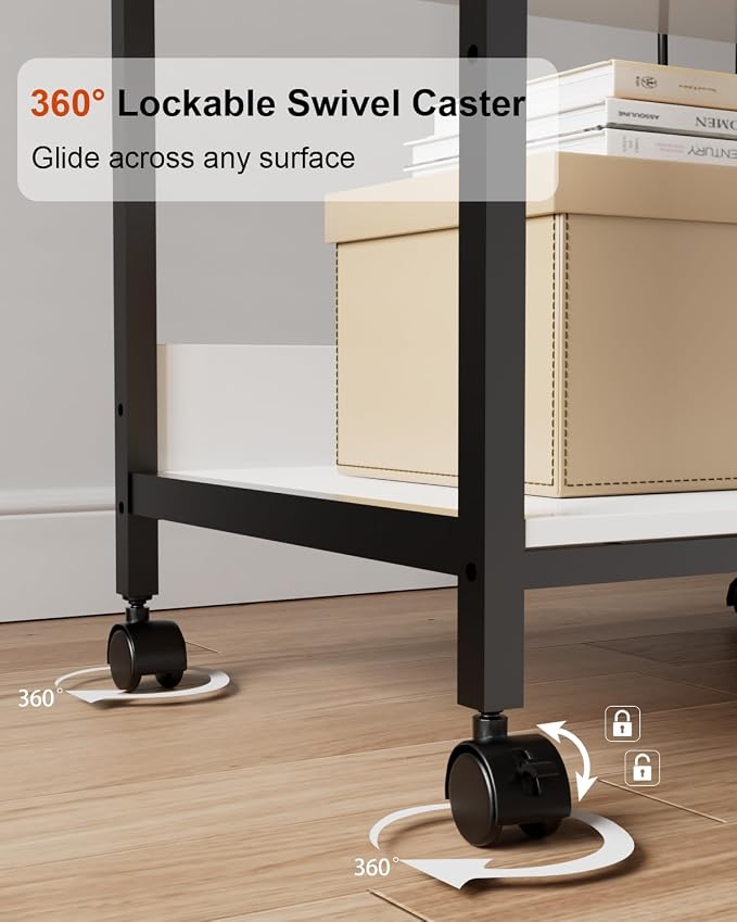 Tall Printer Stand with Charging Station, 4-Tier Mobile Cart, White | Adjustable Shelf for Home Office,Fits 3D Printer Shredder Scanner Fax