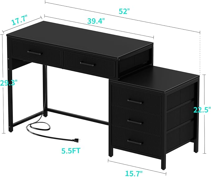 Unikito Reversible Computer Desk with 5 Drawers, Sturdy Office Desk with Power Outlets and USB Ports, Corner Writing Table with File Cabinet & Printer Stand, Vanity Desk with Storage, Black