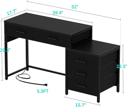 Unikito Reversible Computer Desk with 5 Drawers, Sturdy Office Desk with Power Outlets and USB Ports, Corner Writing Table with File Cabinet & Printer Stand, Vanity Desk with Storage, Black