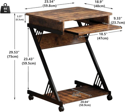 Zenira 24-Inch Small Computer Desk, 30-Inch Tall with Drawers, Corner Desk with Wheels for Gaming, Bedroom, Home, Office - Brown