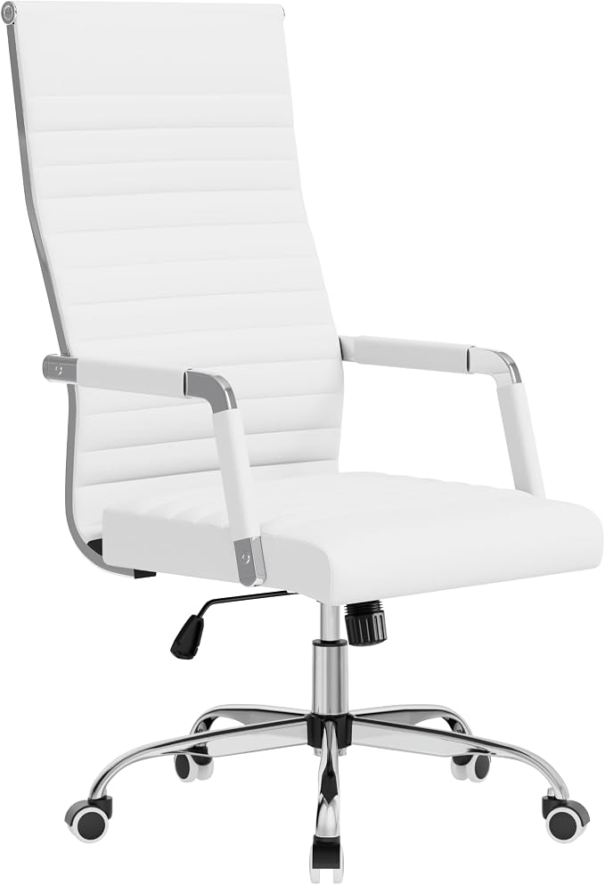 Shahoo Ribbed Office Chair, High-Back PU Leather Office Chair Executive Task Chair with 360° Swivel Wheels for Conference Room, Home Offices (White)