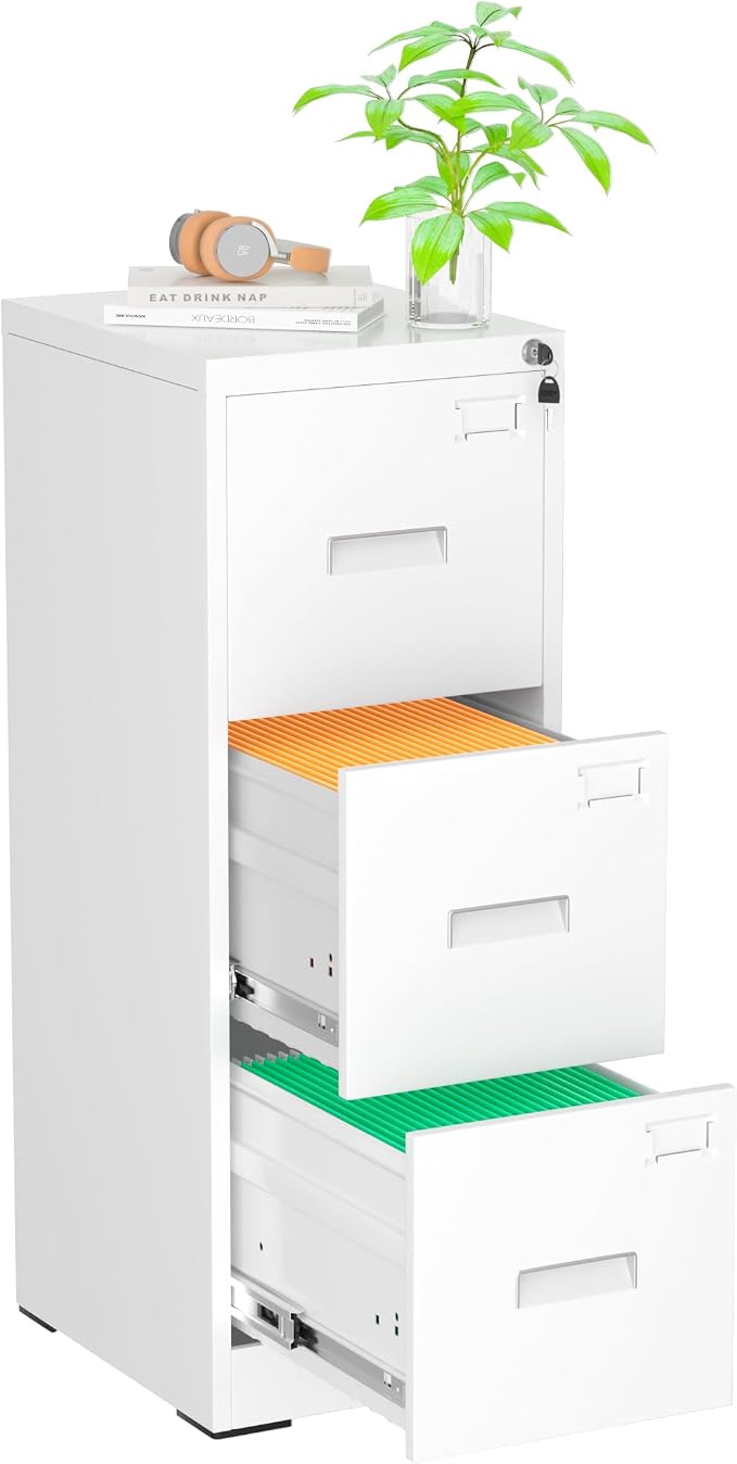 Pataku 3 Drawer File Cabinet with Lock, Sturdy Metal Vertical Filing Cabinets for Home Office, Under Desk Paperwork Storage Fully Extendable Slides Letter Legal A4 Size 18x15x41 Inches, White