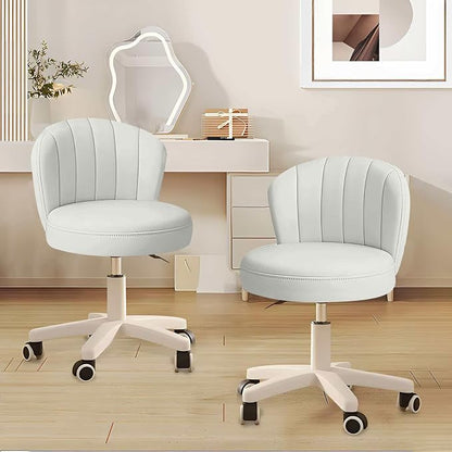 Small Desk Chair Round Rolling Chair with Back PU Leather Height Adjustable Swivel Vanity Work Computer Stool Chair for Home Office Bedroom, Set of 2