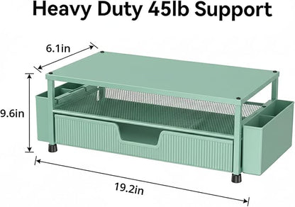 ECOLOVI Desk Organizer and Accessories, 2-Tier Computer Monitor Stand Rise with Storage Drawer & 2 Pen Holders, Laptop & Printer Stand for Desktop, Workspace Organizers for Office Supplies (Green)