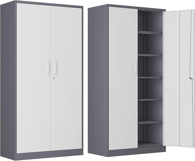 Metal Storage Cabinet with Lock,71" Garage Cabinets with 2 Doors and 4 Adjustable Shelves, Steel Locking Caninets Tall Tool Storage Cabnet, Lockable File Caninet for Home Office, Pantry