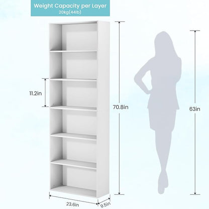 GRUSIGN 71" Tall 6-Tier Bookshelf, Large Open Display Bookcase with Ample Storage, Floor Standing Book Shelf for Living Room, Home Office, Bed Room, White