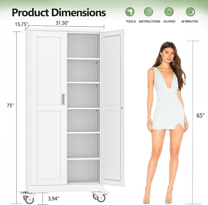 Metal Garage Storage Cabinets and storage system, 75”Tall Rolling utility cabinet with Wheels, Lock, 5 Adjustable Shelves, Heavy Duty Steel Tool Locker for Home Office, Utility Room, Gym,White