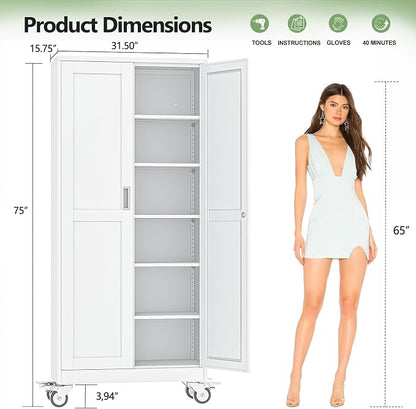 Metal Garage Storage Cabinets and storage system, 75”Tall Rolling utility cabinet with Wheels, Lock, 5 Adjustable Shelves, Heavy Duty Steel Tool Locker for Home Office, Utility Room, Gym,White