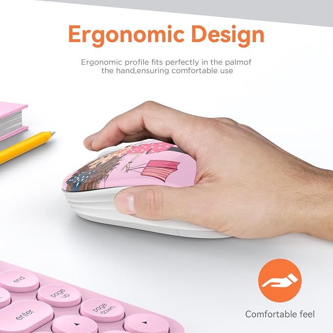 FMOUSE Cute Pink Wireless Mouse, Dual Mode, Bluetooth & 2.4GHz USB Receiver, Silent Clicks, AA-Battery Powered, Handy & Durable, for Kids, Girls, Students on Laptops, Mac, iPad, PC