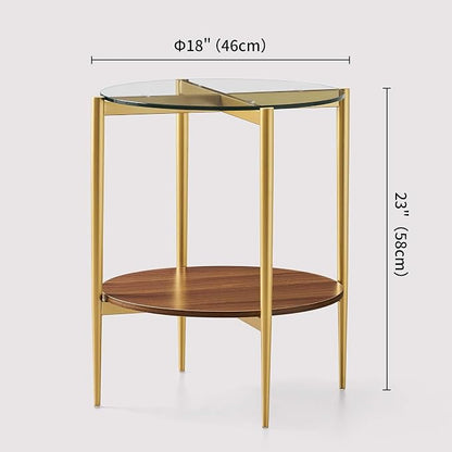 LumFurn Round Glass End Table, Mid-Century Modern Design Sofa Table for Living Room, D18 x H23, 2-Tier Structure, Clear Glass Top and Walnut Shelf, Sleek Conical Legs with Gold Finish Frame