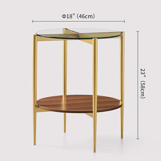 LumFurn Round Glass End Table, Mid-Century Modern Design Sofa Table for Living Room, D18 x H23, 2-Tier Structure, Clear Glass Top and Walnut Shelf, Sleek Conical Legs with Gold Finish Frame