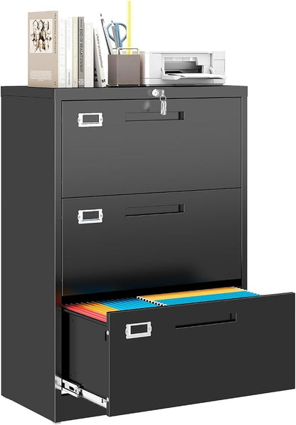 MIIIKO Lateral 3 Drawer File Cabinet, Black Metal Filing Cabinets with Lock, Drawers Storage File Cabinets for Home Office,Hanging Files Folders Letter/Legal/A4 Size