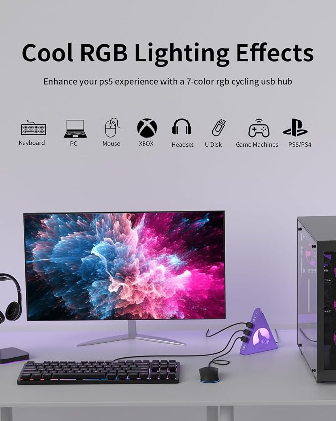 Deep Purple 7-Port USB 3.0 Hub, RGB Vertical Gaming USB Hub Tower with 5Gbps Data Transfer, 2FT Cable - USB Hub Splitter for PC, MacBook, Laptop, PS5, Flash Drives