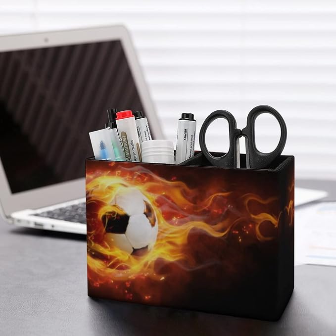 Niapessel Pencil Holder for Desk, Burning Soccer Ball Pen Holder Storage Desktop Pen Organizer Desk Pencil Organizer Makeup Brush Holder for Office School College Leather