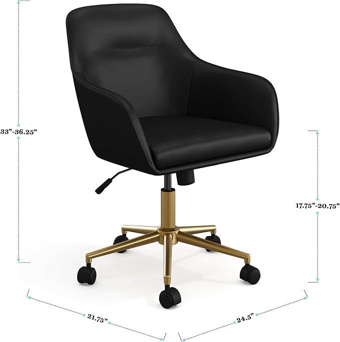 Martha Stewart Rayna Swivel Task Chair with Flared Arms for Home Office in Black Faux Leather with Polished Brass Frame