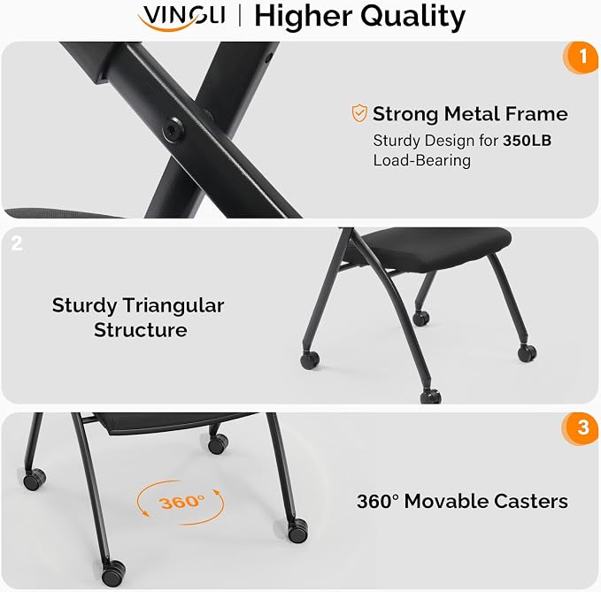 Stackable Conference Room Chair with Wheels, Folding Office Chair with Rebound Back & Padded Seat, 350 lb Capacity, Black – Ideal for Training, Guest, Reception & Event Seating
