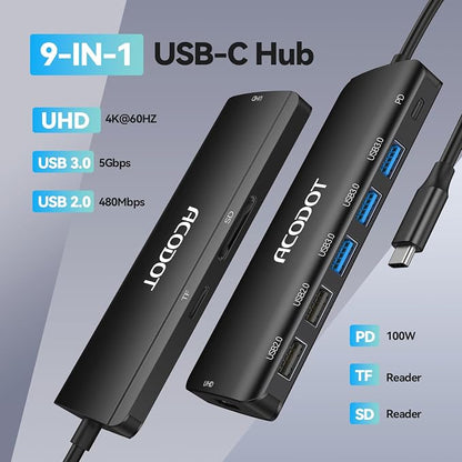 USB C Hub, 9-in-1 Multi-Port USB Adapter, 4K@60Hz HDMI, 100W Max PD, 3 USB3.0(5Gbps) + 2 USB2.0 Data Ports, SD/TF Card Reader for MacBook, iPad Pro, Dell, HP, Lenovo, Windows Laptop, Black